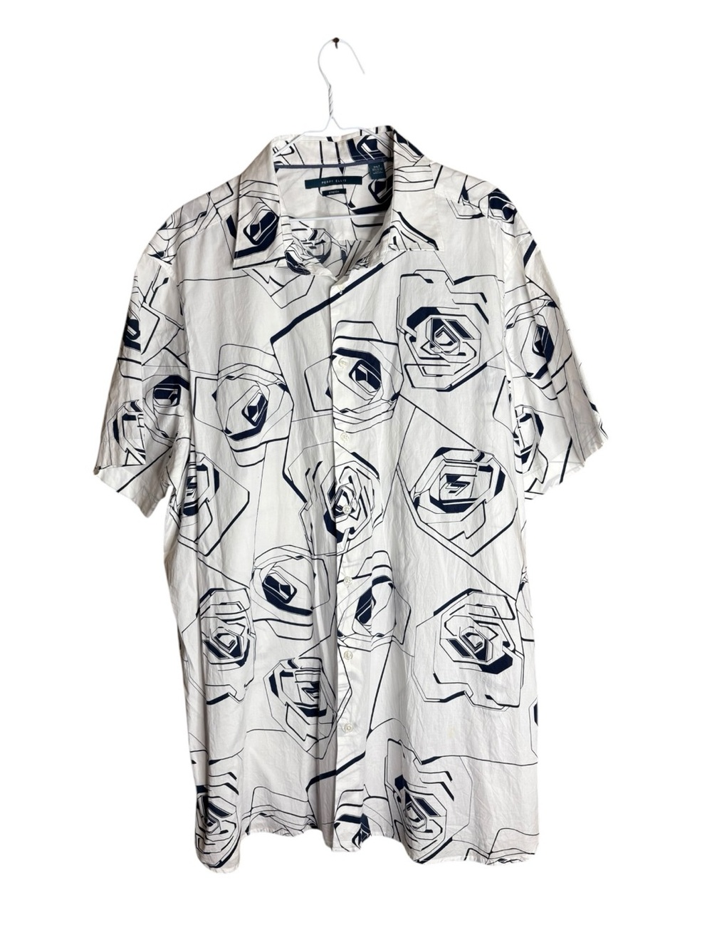 Button Front Shirt 2XLT White Blue Perry Ellis